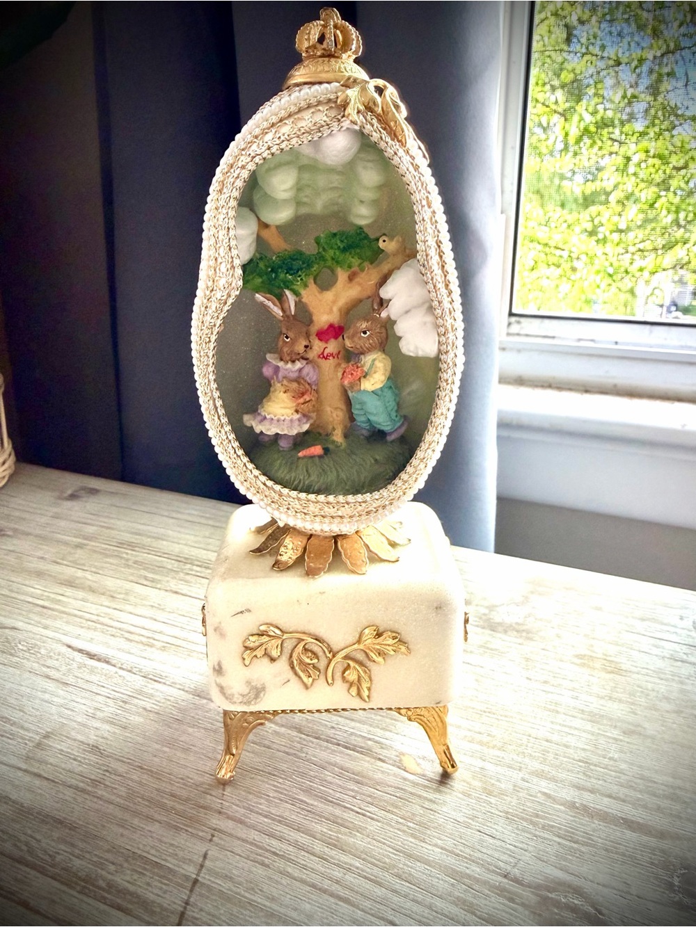 Vintage-Style Bunny Egg Music Box in Cream & Gold